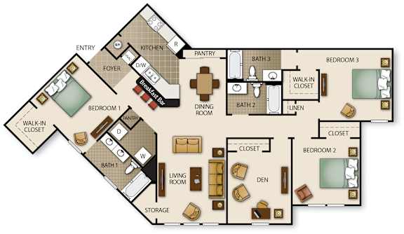 Floor Plan  A floor plan of a house with labeled rooms such as a kitchen, living room, and three bedrooms.