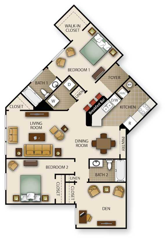 Floor Plan  A diagram of a house layout with labeled rooms such as Bedroom 1, Bath 1, Kitchen, and Dining Room.