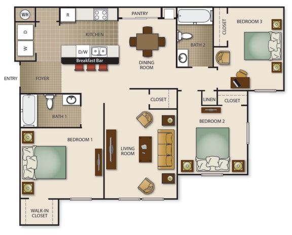 Floor Plan  Three Bedroom Two Bath (b)