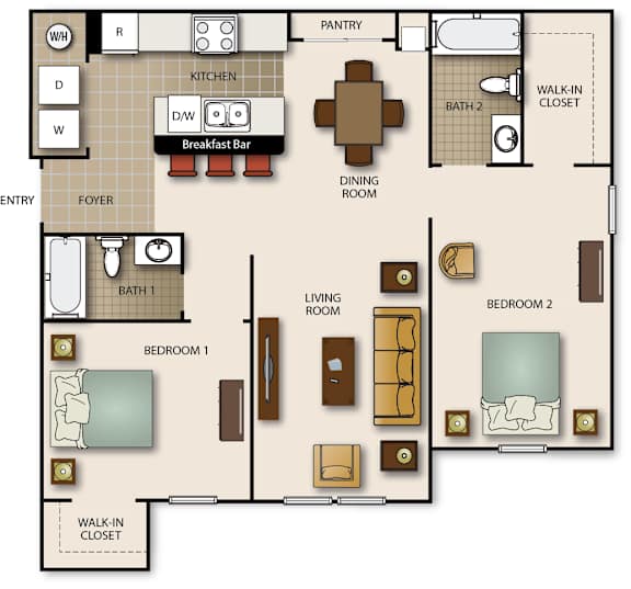 Floor Plan  A floor plan of a house with a living room, dining room, kitchen, two bedrooms, a bathroom, a breakfast bar, and a pantry.