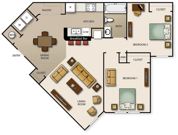 Floor Plan  Two Bedroom One Bath (b)