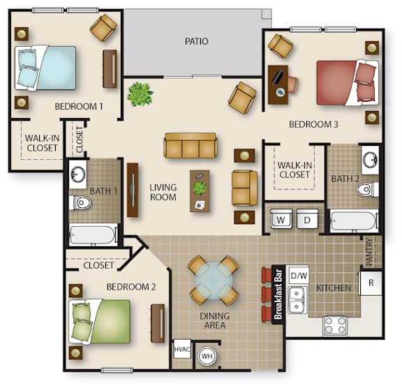 Floor Plan  A floor plan of a house with three bedrooms, a living room, a dining area, a kitchen, a pantry, and two bathrooms.