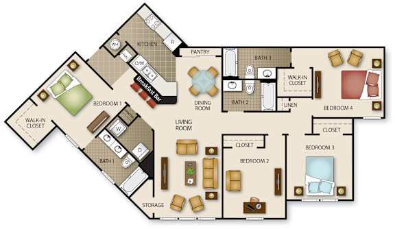 Floor Plan  A floor plan of a house with four bedrooms, a living room, a dining room, a kitchen, a bathroom, a walk-in closet, and a storage area.