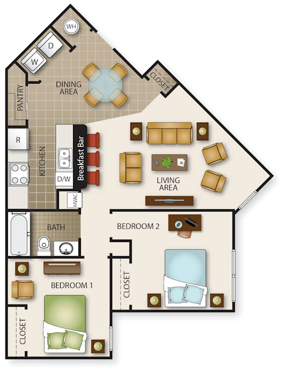 Floor Plan  A floor plan of a house with two bedrooms, a living area, a kitchen, a pantry, a dining area, and a bathroom.