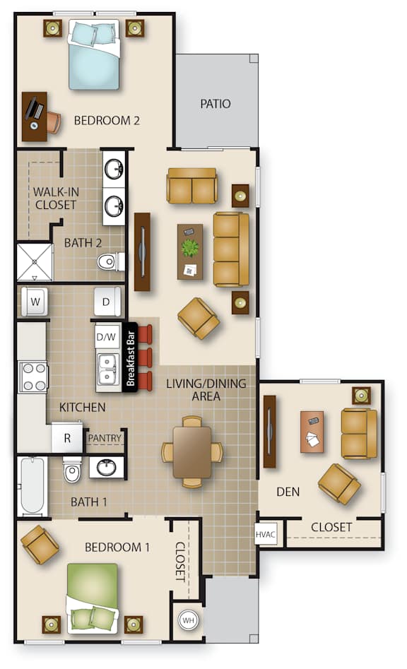 Floor Plan  A floor plan of a house with two bedrooms, a living area, a kitchen, a pantry, two bathrooms, and a den.