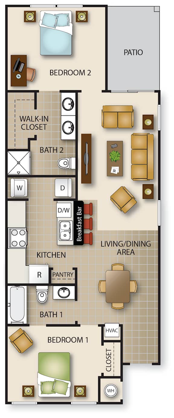 Floor Plan  A floor plan of a two bedroom apartment with a living area and kitchen.