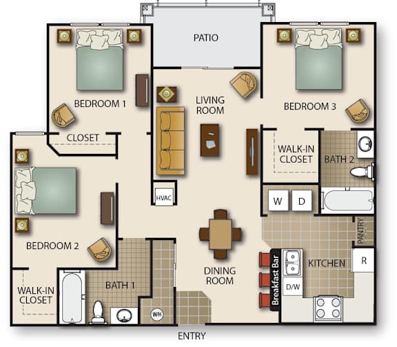 Floor Plan  A floor plan of a house with a living room, three bedrooms, a patio, a dining room, a kitchen, a breakfast bar, and two bathrooms.