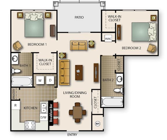 Floor Plan  A floor plan of a house with two bedrooms, a living room, a kitchen, two bathrooms, a pantry, a walk-in closet, and a patio.