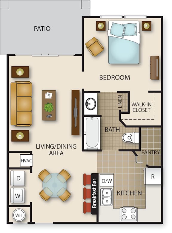 Floor Plan  A floor plan of a house with a bedroom, living area, kitchen, and bathroom.