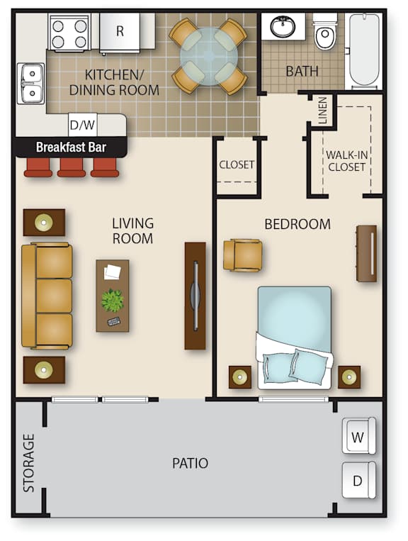Floor Plan  A floor plan of a house with a living room, dining room, kitchen, bedroom, and bathroom.