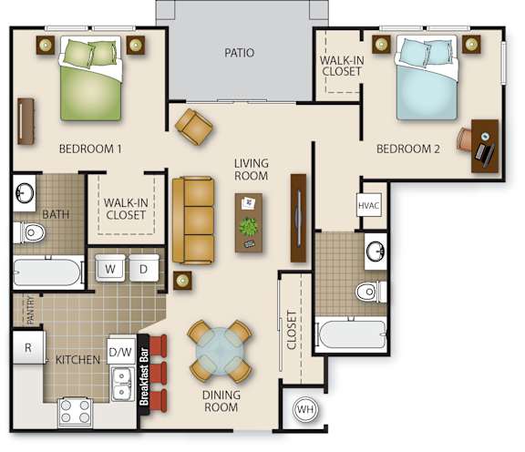 Floor Plan  A floor plan of a house with two bedrooms, a living room, a dining room, a kitchen, a bathroom, a pantry, and a patio.
