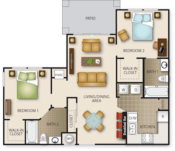 Floor Plan  A floor plan of a house with two bedrooms, a living area, a kitchen, and a patio.