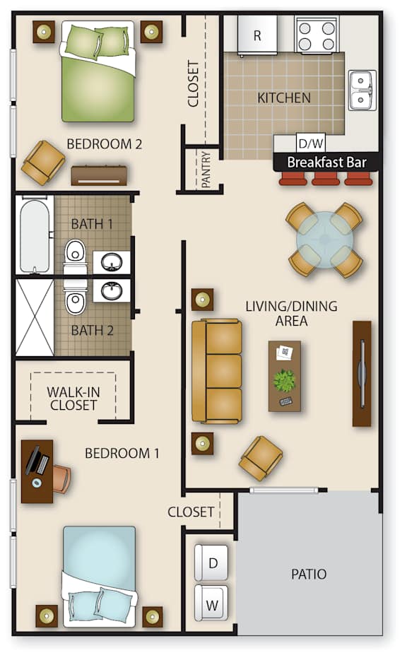 Floor Plan  A floor plan of a house with two bedrooms, a patio, a kitchen, a living/dining area, and a breakfast bar.