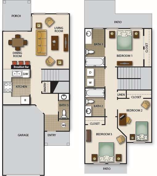 Floor Plan  A floor plan of a house with a garage, living room, dining room, kitchen, and three bedrooms.