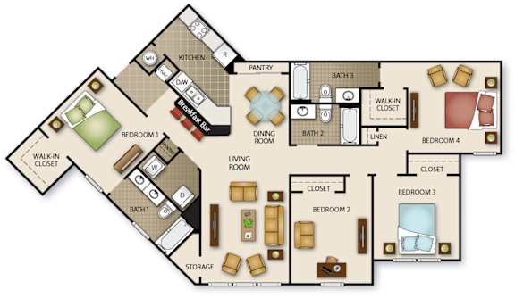 Floor Plan  A floor plan of a house with four bedrooms, a living room, a dining room, a kitchen, a bathroom, a walk-in closet, a storage area, and a parking space.