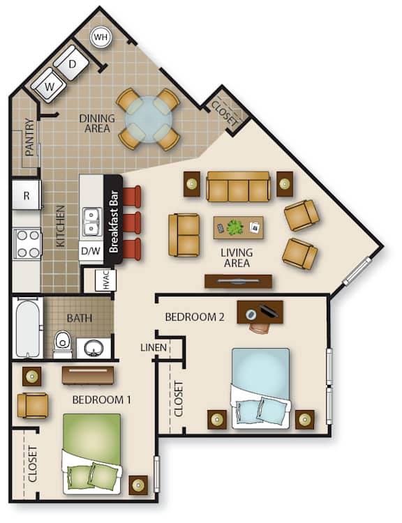 Floor Plan  A floor plan of a house with two bedrooms, a living area, kitchen, pantry, and dining area.