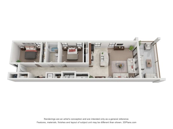 a stylized 3d floor plan of a 2100 sq ft apartment