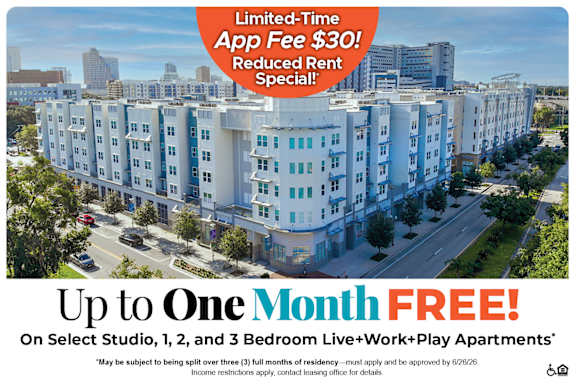 A promotional image for a limited-time app fee of $30 and a reduced rent special.