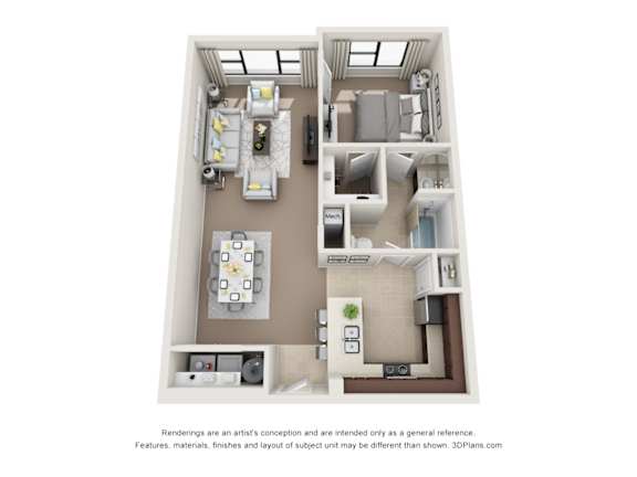 Floor Plan  a stylized floor plan of a 1 bedroom apartment