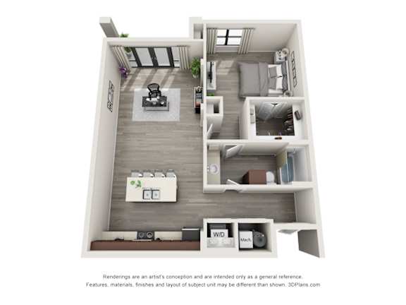 A 3D floor plan of a small apartment with a kitchen, living room, and bedroom.
