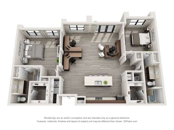 A 3D floor plan of a small apartment with a kitchen, living room, and two bedrooms.