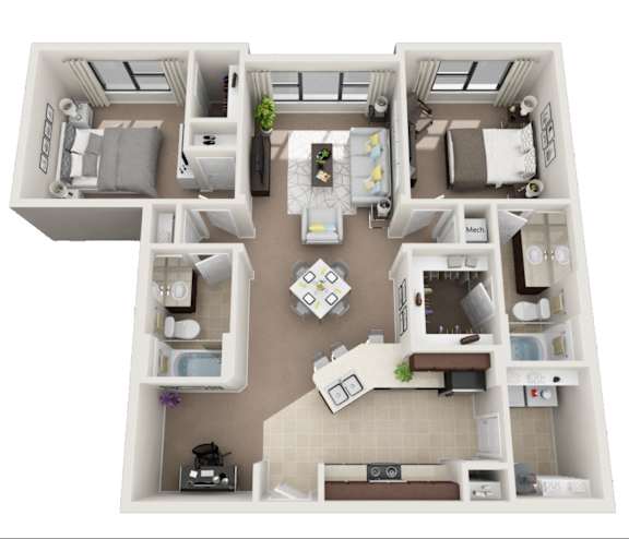 Floor Plan  A 3D floor plan of a two bedroom apartment