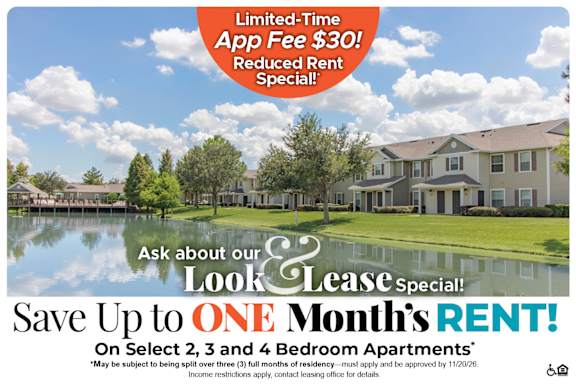 A housing advertisement offering a $60 app fee reduction and up to $1,000 off move-in for select townhomes with garage.