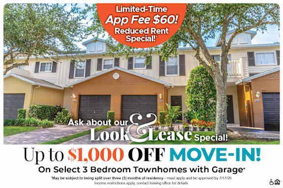 A real estate advertisement offering a $60 app fee reduction and up to $1,000 off move-in for select 3 bedroom townhomes with garage.