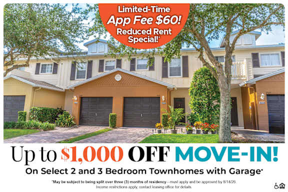 A housing advertisement offering a $60 app fee reduction and up to $1,000 off move-in for select townhomes with garage.