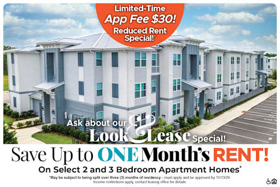 An advertisement for a limited-time app fee of $30 and a reduced rent special for a 2 and 3 bedroom apartment homes.
