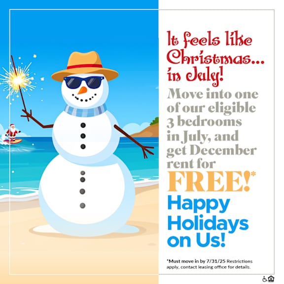 Floor Plan  A snowman with a hat and sunglasses holding a sparkler on a beach.