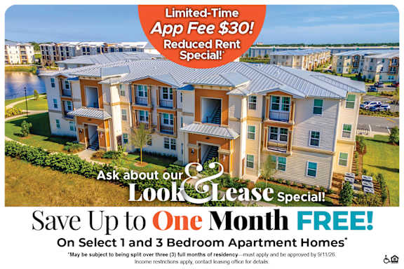 An advertisement for apartment homes with a limited-time app fee and a free month offer.