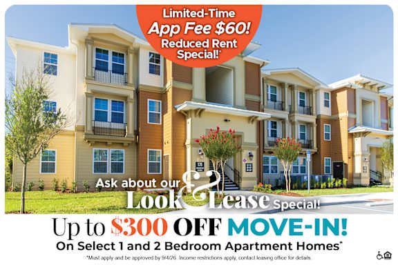 A promotional image for a limited-time app fee $60 move-in special for apartment homes.