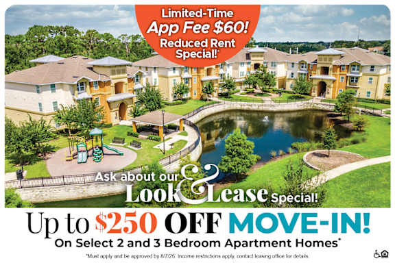 A promotional image for a lease special offering up to $750 off on select apartment homes.