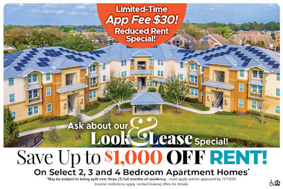 A housing complex advertisement offering a $60 app fee reduction and up to $700 off move-in for select 2 and 3 bedroom apartment homes.