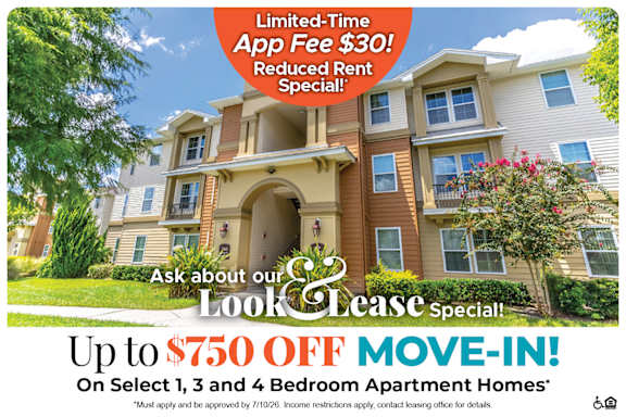 A promotional image for a limited-time app fee reduction and rent special for select apartment homes.