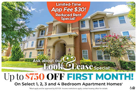 A promotional image for a lease special offering up to $750 off the first month on select apartment homes.
