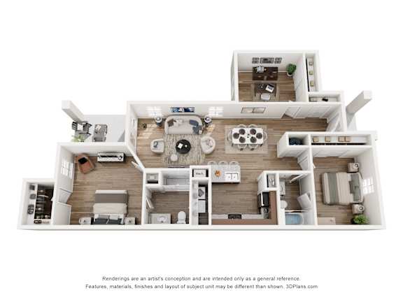 A 3D floor plan of a house with a kitchen, living room, and two bedrooms.