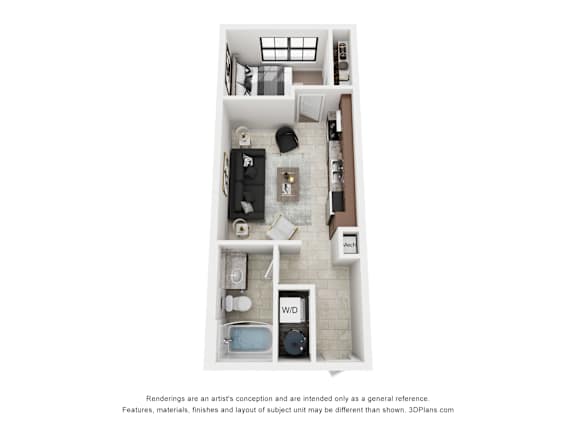 Floor Plan  A 3D floor plan of a small apartment with a kitchen, living room, and bathroom.