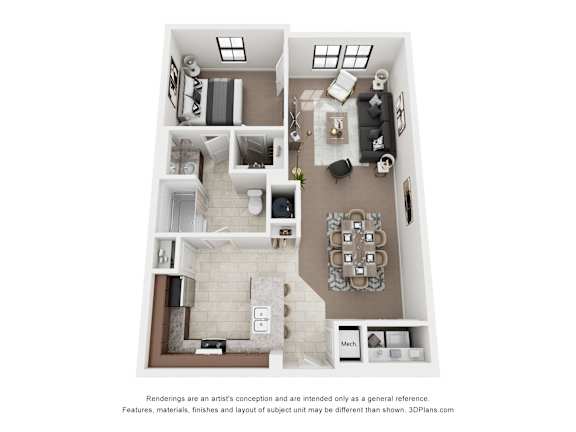 A floor plan for a one bedroom one bathroom apartment