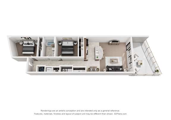 A 3D floor plan of a small apartment with a kitchen, living room, and bathroom.