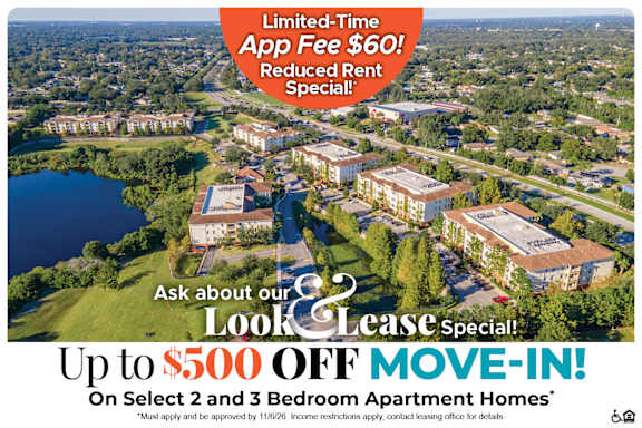 A promotional image for a limited-time app fee special and a move-in special for apartment homes.