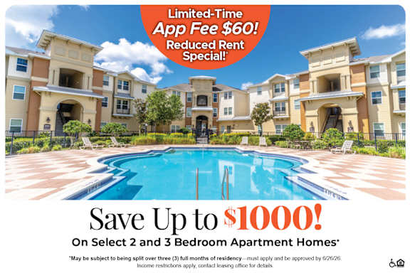 A promotional image for apartment homes with a pool and a special offer.