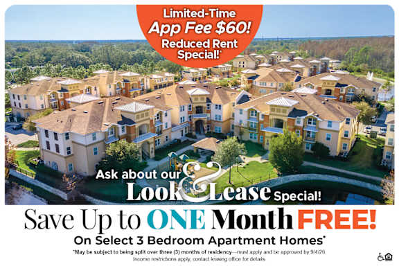A promotional image for a limited-time app fee of $60 and a reduced rent special for select 3 bedroom apartment homes.