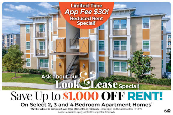 A promotional image for a lease special offering up to $750 off on select 2 and 3 bedroom apartment homes.