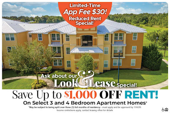 A large apartment complex advertises a limited-time app fee reduction and up to $500 off move-in costs for select 3 bedroom apartments.