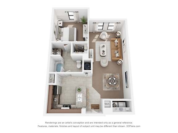 Floor Plan  A 3D floor plan of a small apartment with a kitchen, living room, and bathroom.