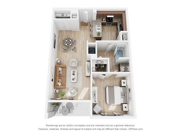 A 3D floor plan of a small apartment with a kitchen, living room, and bathroom.