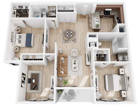 Floor Plan  A top-down view of a house layout with multiple rooms and furniture.