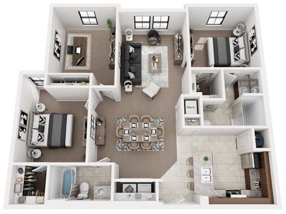 A top-down view of a house layout with a living room, kitchen, and bathrooms.